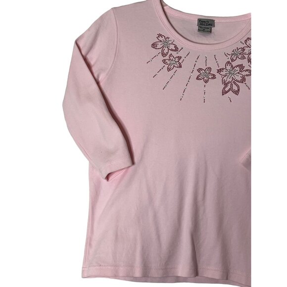 Isaac's Designs Pink Long Sleeve Shirt W/ Floral Rhinestones M Combed Cotton - Picture 4 of 10